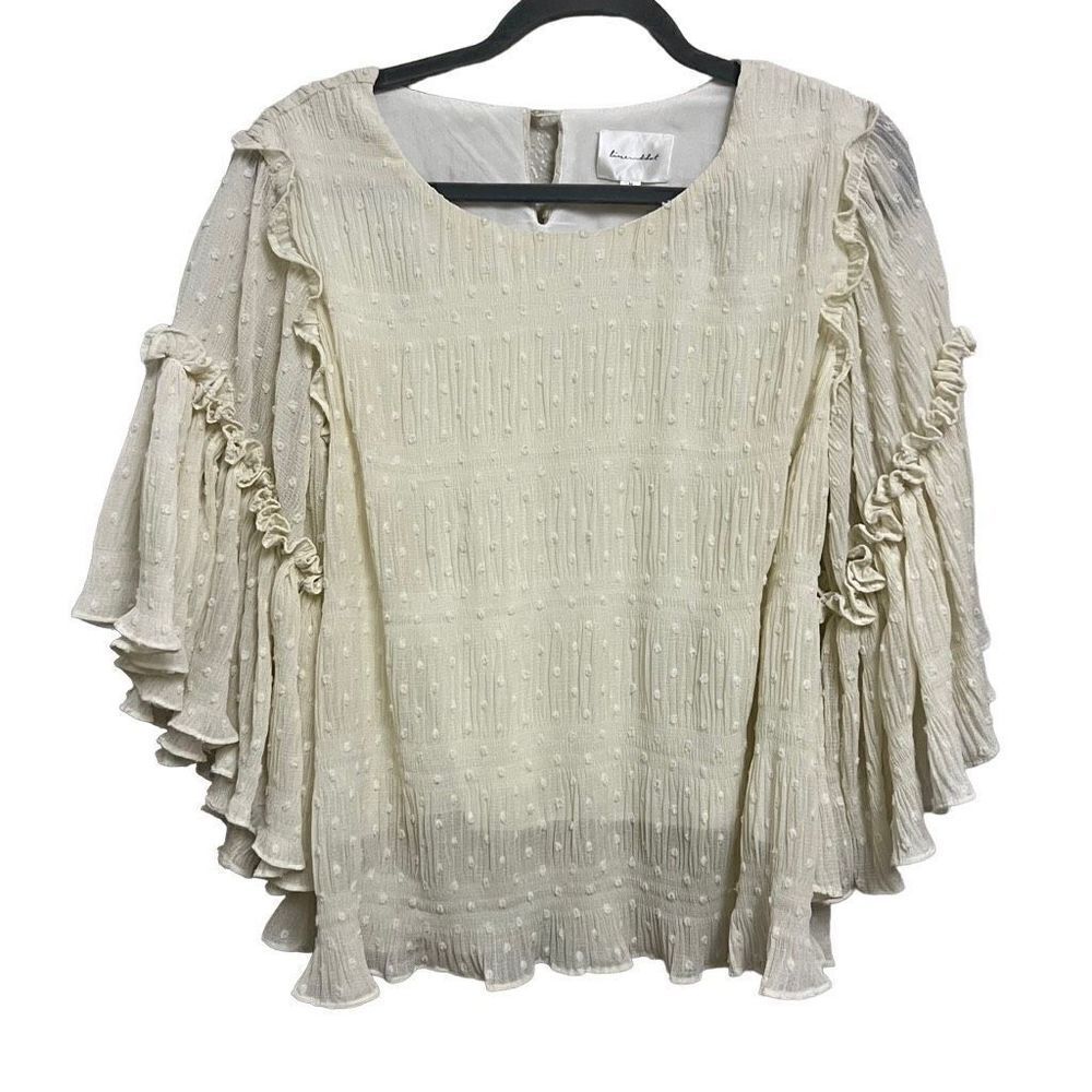 Revolve Line & Dot Kate Cream Swiss Dot Chiffon Ruffle Sleeve Flowy Blouse Sz M